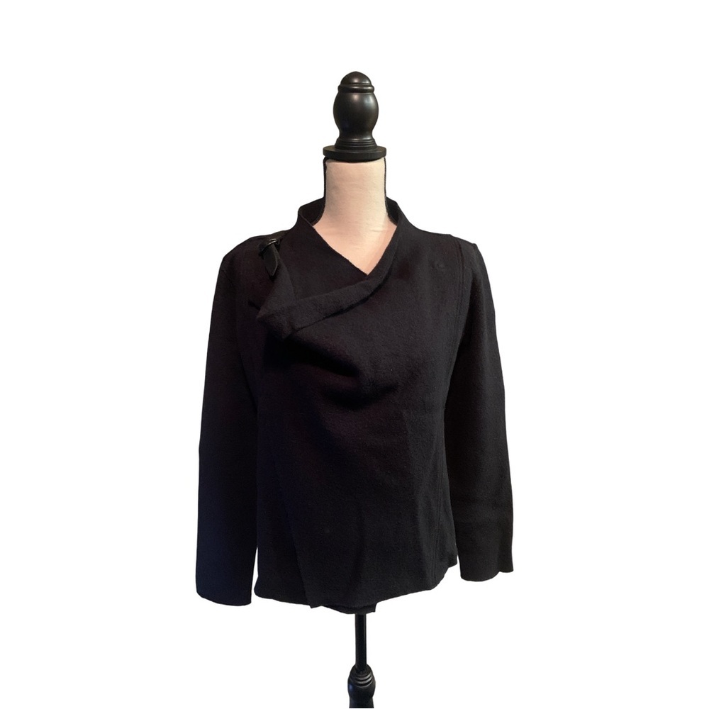 EILEEN FISHER Jacket Size Small Black Boiled Wool Leather Buckle Accent Women’s